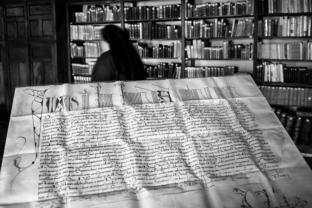 An open manuscript in the foreground and a nun among bookshelves.